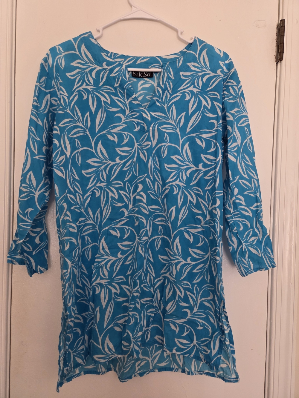 KikiSol 100% Cotton Blue White Leaf Tunic Top Small Beach Coverup